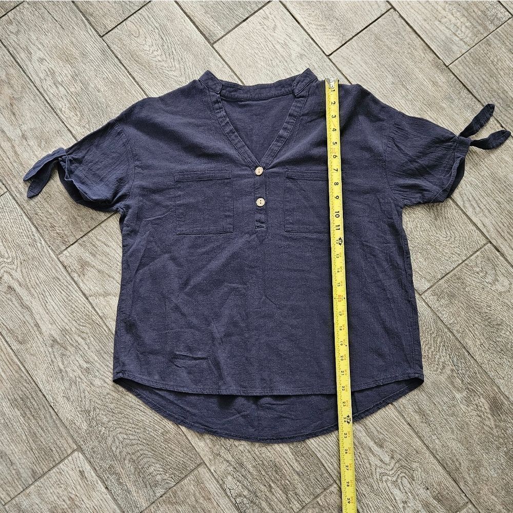 Navy Blue Linen Blend Short Sleeve Shirt - Picture 2 of 7